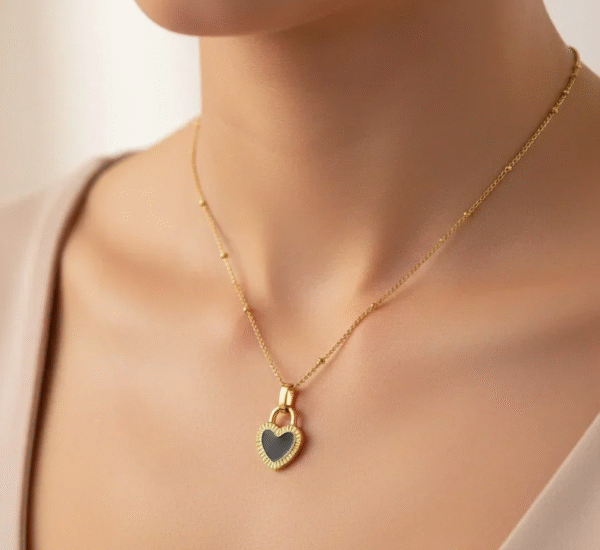 Two Sided Heart Lock Pendant Necklace- black & white