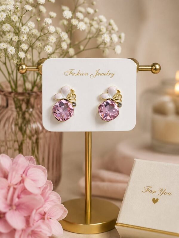 Pink crystal white flower enamel earrings